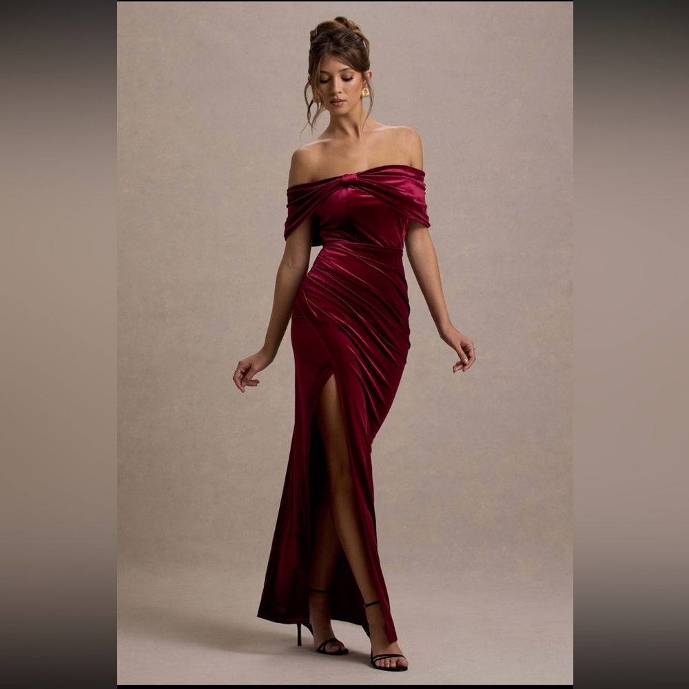 Club L London Merelyn | Berry Velvet Bow Bardot Split Maxi Dress Gown US 4